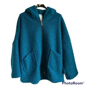 Wool Blend Jacket Fits Size 16-18 Hood Camel Textured 3/4 Sleeved Patch Pockets